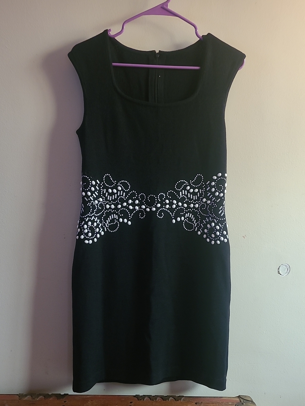 St. John Black Midi Sheath Dress Suit with White Embellished Waist